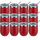 MEWAY 12oz/12 Pack Wine Tumbler Glasses with Lid -Double Wall Vacuum Stainless Steel Travel Tumbler Mug,Stemless Insulated Wine Cup for,Coffee,Cocktails,Gifts (Red,Set of 12)