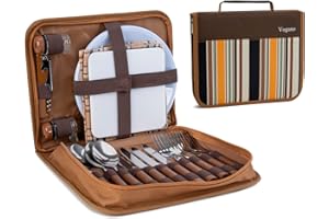 Vogano Picnic Set for 4 - Includes 26 Pcs, Portable Travel Utensils with Case, Reusable Camping Cutlery Plates, Stainless Steel of Spoons and Forks, for Hiking, Camp, BBQ, Gift (Brown)