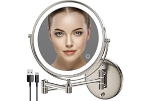 Rocollos Rechargeable Wall Mounted Lighted Makeup Mirror Chrome, 8 Inch Double-Sided LED Vanity Mirror 1X/10X Magnification,3 Color Lights Touch Screen Dimmable 360°Swivel 13 Inch (Nickel, 10X)