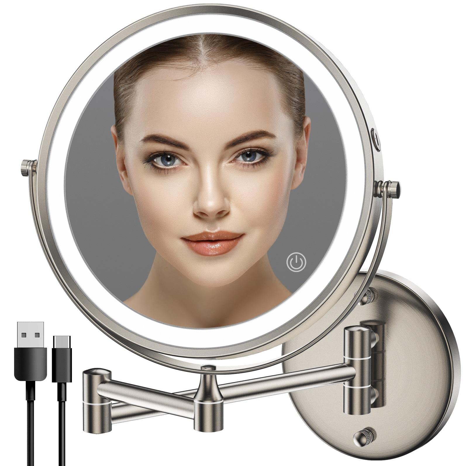Photo 1 of Rocollos Rechargeable Wall Mounted Lighted Makeup Mirror, 8 Inch Double-Sided LED Vanity Mirror 1X/10X Magnification,3 Color Lights Touch Screen Dimmable 360°Swivel 13 Inch Extendable