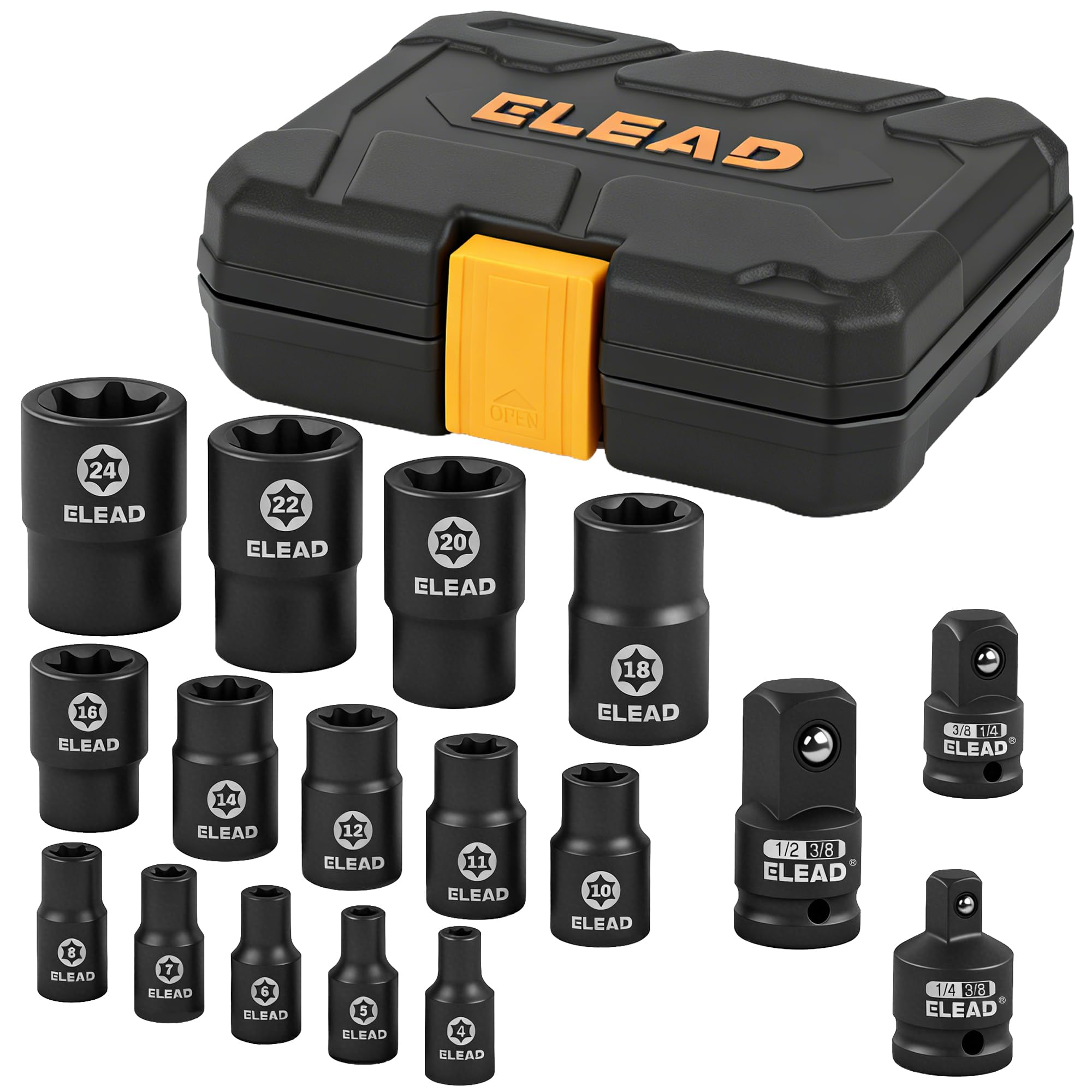 Photo 1 of 17-Piece Inverted E-Torx Socket Set - Premium Impact Cr-V Steel E4 - E24 Star Female Sockets for Impact Wrench 1/2 3/8 1/4 Drive Precision Torque Kit with Storage Case