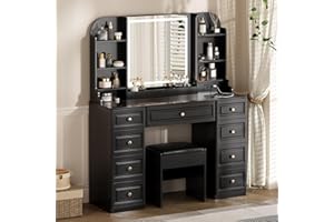 YYJ 42" Makeup Vanity Desk with Mirror and Lights, & Power Outl,Glass Top Big Vanity Table with 9 Drawers& 8 Storage Shelves,Dressing Table Set with Chair for Bedroom, Black..