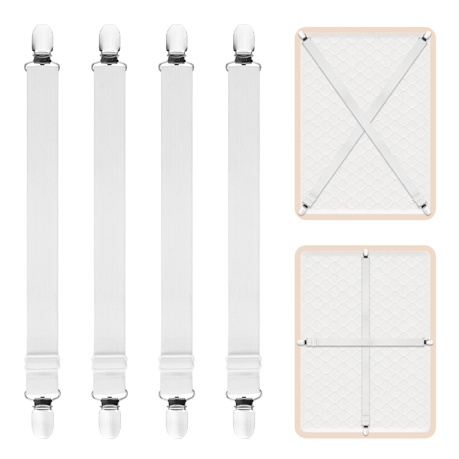 AUAUY 4 PCS Extended Bed Sheet Clips, Adjustable Bed Sheet Straps with Clips, Mattress Fasteners to Hold Sheets in Place, Elastic Bed Holder Corner Straps for Bedding, Sofa Cushion-White, 2 Clips