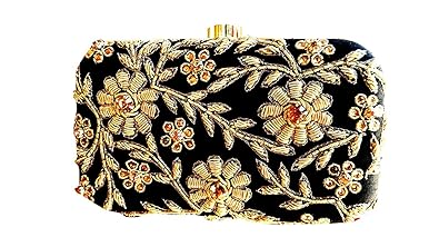 Unibrand Zari Work Rose Flower Clutch Designer Handmade Box for Women|Girl (Black)