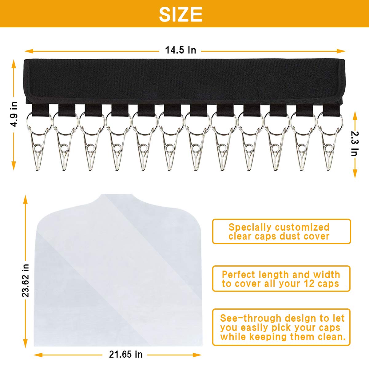 Aimee® Hat Organizer, 12 Baseball Caps Holder with Free Dust Cover for Travel and Home – Keep Your Hats Cleaner Than a Hat Rack (Black)