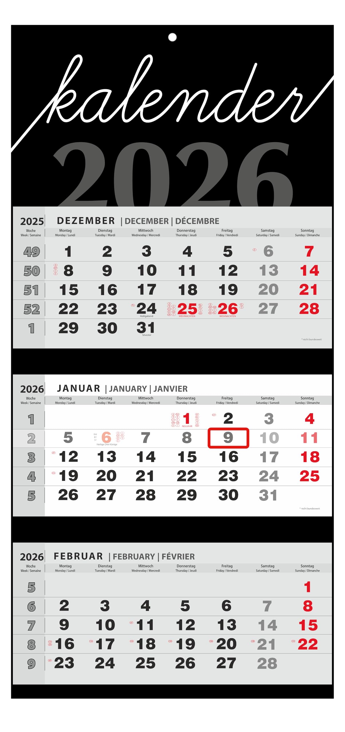3-Month View Wall Calendar 2026 – Multi-Language (English, German, French) – Large Quarterly Planner for Home & Office – Sliding Date Indicator – Foldable Business Calendar