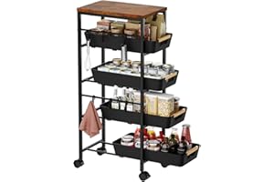 Landmok 5-Tier Slim Storage Cart, Wooden Top Rolling Kitchen Cart with Pull-Out Baskets & Wheels, Narrow Space Utility Cart Slide Out Organizer for Kitchen, Bathroom, Laundry Room, Black