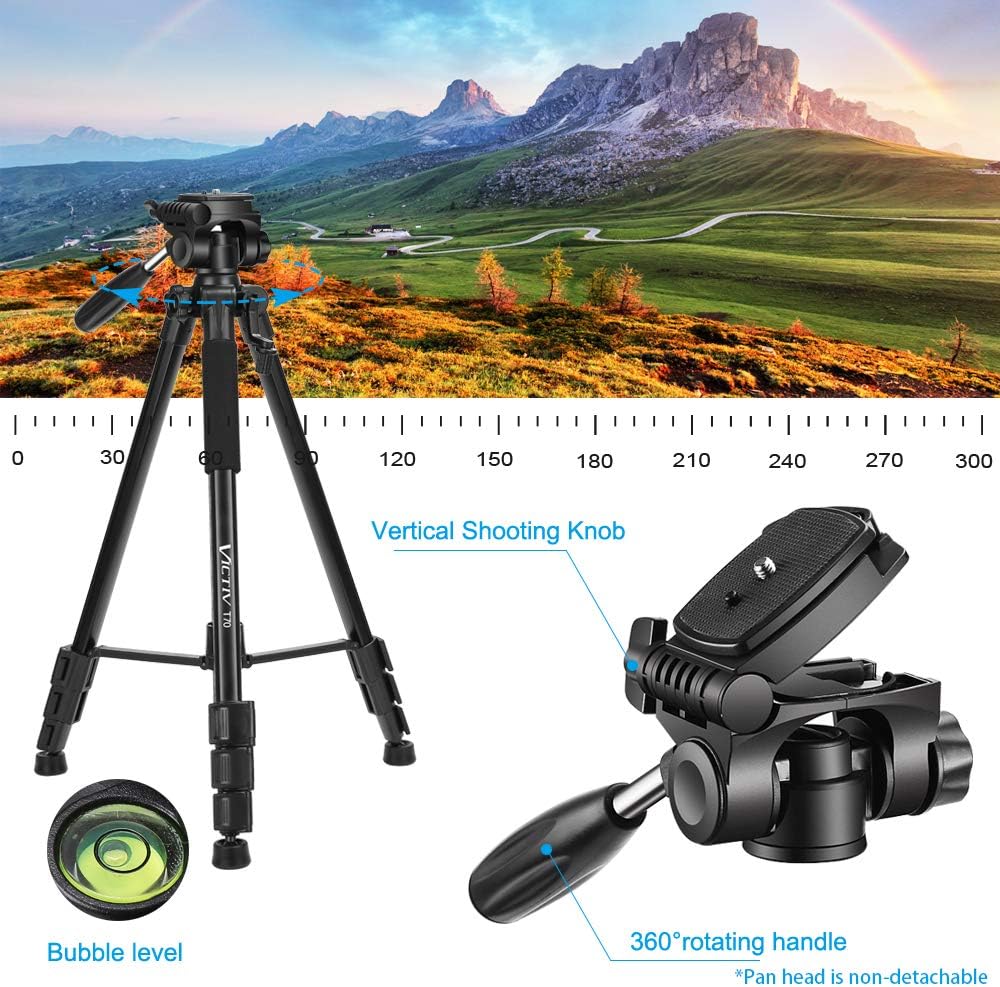 VICTIV 72 inch Aluminum Camera Tripod Loads Up to 11.6lbs, Lightweight Travel Tripod for DSLR with Extra Quick Release Plate and Pan Head Plus Phone Holder Compatible with iPhone/Android (T70) : Camera & Photo