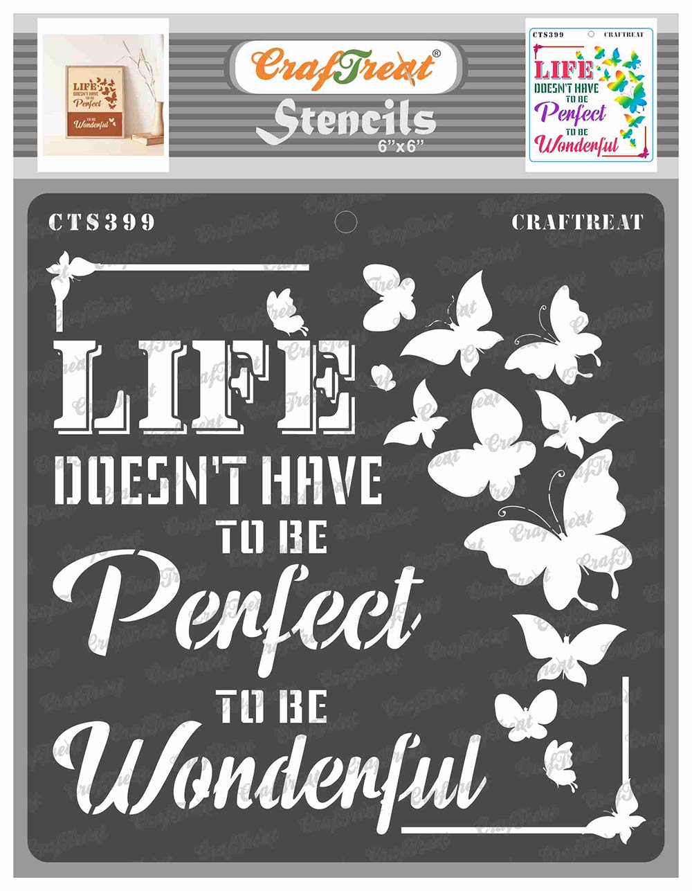 CrafTreat Reusable Butterfly Stencils for Painting on Wood, Canvas, Paper, Fabric, Floor, Wall and Tile - Wonderful Life - 6x6 Inch - DIY Art and Craft Stencils for Home Decor - Quotes