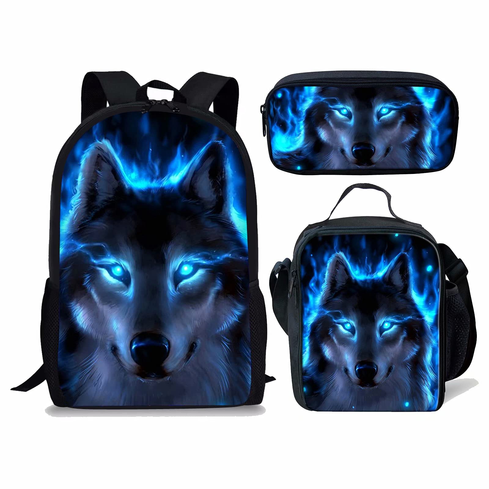 chaqlin Neon Blue Wolf School Backpack,Animal School Bags Set for Kids Children Large Bookbags+Lunch Bags+Pencil Case,Travel Hiking Camping Rucksack Set of 3 Pack