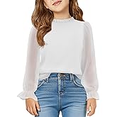 Haloumoning Girls Long Sleeve Shirts Chiffon Blouses Kids Cute Puff Sleeve Ruffle Mock Neck Casual Tops 5-14 Years