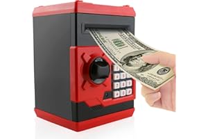 Kids Piggy Bank for Boys Girls, Jhua Mini ATM Saving Bank, Electronic Coin Money Bank with Password Lock/Paper Money Scroll Saving Box, Great Birthday Toy for Kids 4-12 (Red)