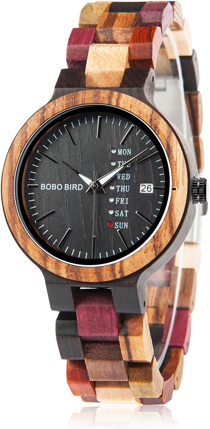 Amazon | レディース 木製腕時計 カラフル 天然竹 曜日・日付表示 ハンドメイド カジュアルウォッチ 女性へのギフトに最適