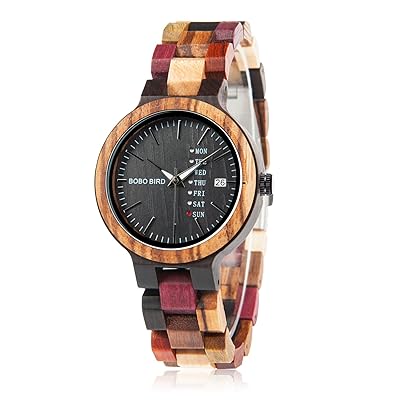 Womens Wooden Watches Colorful Bamboo Watches with Week Date Display Handmade Natural Wood Casual Wirst Watches for Ladies, Female Perfect