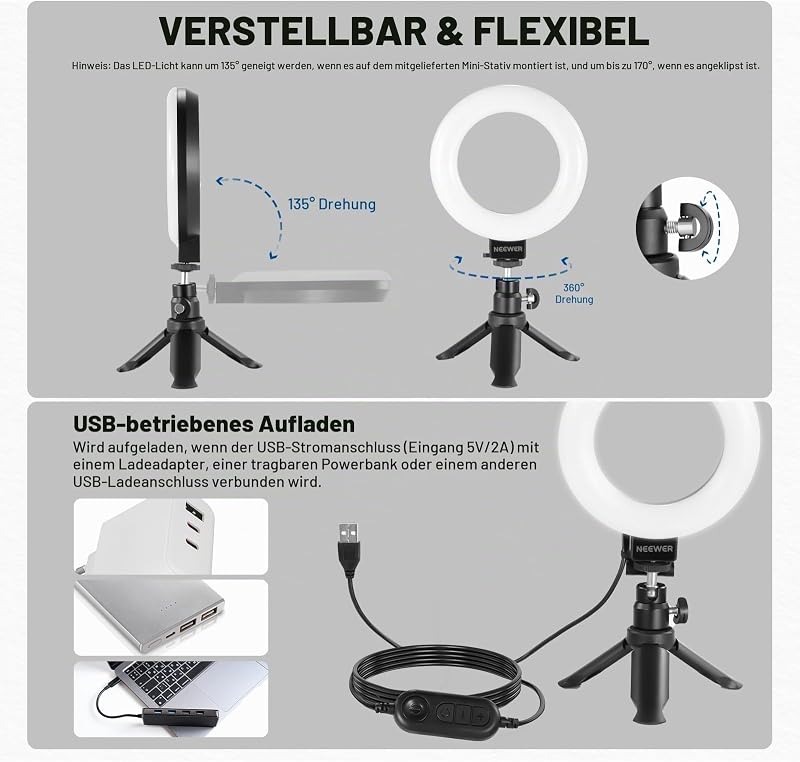 Basics 5" Ringlicht für Videokonferenz Beleuchtung 2er Pack Ansteck Licht Set mit Schreibtischstativen für Monitor Laptop Computer Zoom Live Streaming Home Office Lernen Videoaufzeichnung BR60