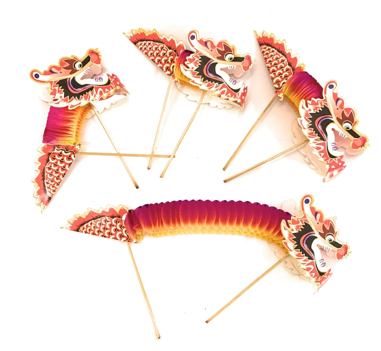 Caprilite 4 Large Chinese Paper Dragon Puppets on Sticks - Childrens Kids Chinese New Year Decorations Toy Gift