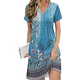 Soesdemo Womens Summer Dresses Short Rolled Sleeve Pleated Button Down V Neck Casual Beach Shift Sundresses with Pockets