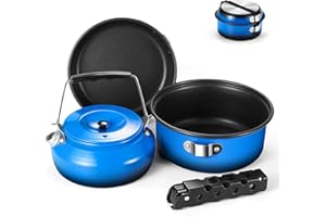 Odoland 5pcs Camping Cookware Mess Kit with Removable Handle,Non-Stick Lightweight Pot Pan Kettle Set-Perfect for Backpacking