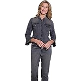 MULTIPLES Women's 3/4 Flounce Sleeve Stand Collar 2-Pocket Button Front Embroidery Jean Jacket