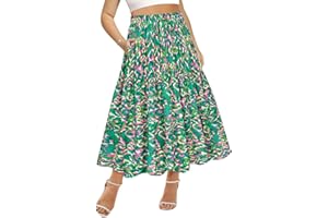 CARCOS Plus Size Skirts for Curvy Women Elastic High Waist Boho Maxi Skirt Pleated A-Line Tiered Long Skirts with Pockets