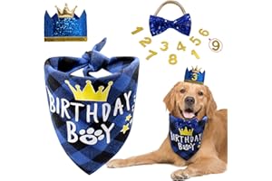 DOONLY Dog Birthday Party Supplies, Boy Dog Birthday Bandana Set with Cute Dog Bow Tie, Crown Hat with Numbers for Small Medium Large Dogs, Blue Dog Birthday Outfit (Blue)