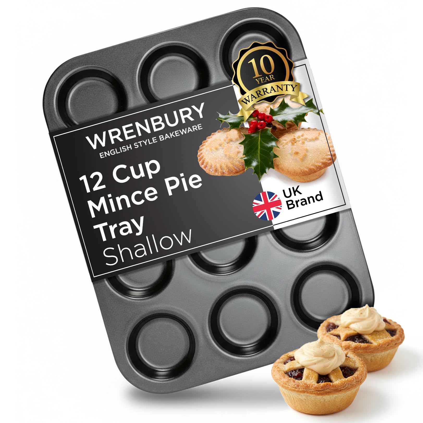 Wrenbury Pro Shallow Mince Pie Baking Tray 12 Cup - Non Stick Carbon Steel Tin for Christmas Mince Pies, Jam Tarts and Yorkshire Puddings - 10 Year Guarantee