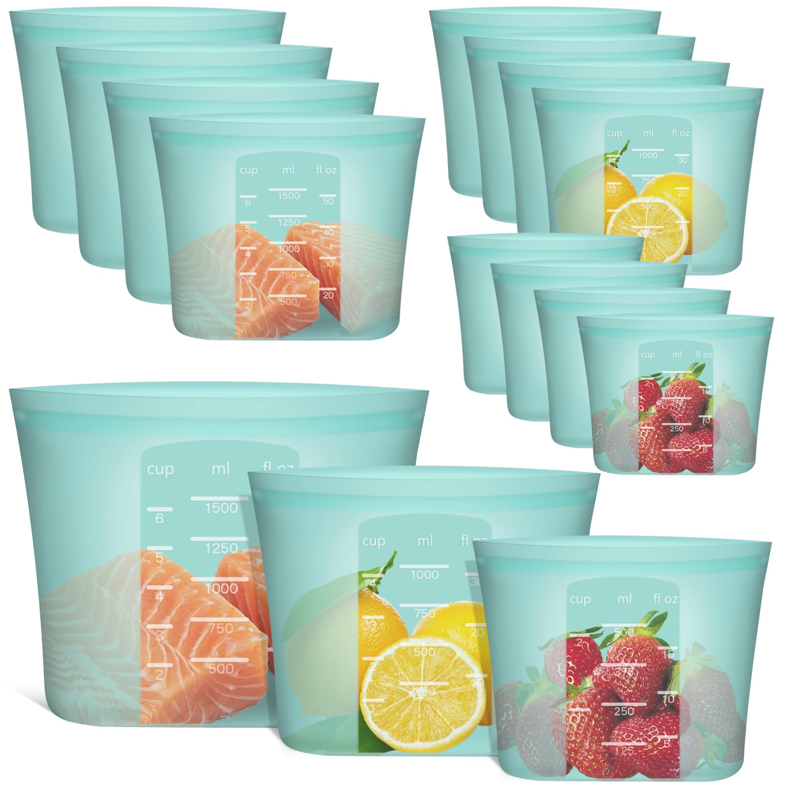 Photo 1 of Annaklin Reusable Food Bags, 12 Pack 100% Silicone Food Storage Bags Stand Up Zip Lock Container, Freezer Microwave Oven Dishwasher Safe, 4 Medium 4 Small 4 Extra Small, Aqua