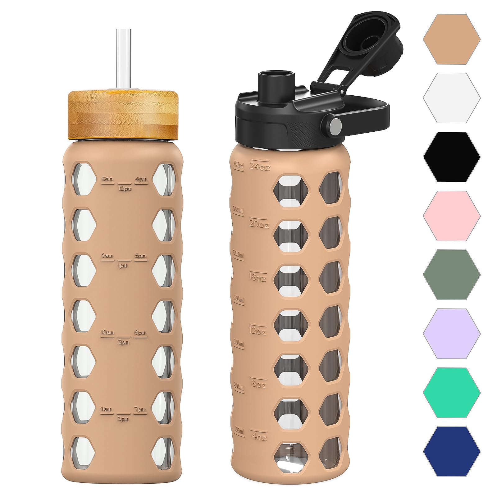 HYDRAGLAZIC 700ML Glass Water Bottle with 2 Flip and Bamboo Straw Lids Sports Water Tumbler with Time Reminder and Silicone Sleeve Leak-proof BPA Free, Amber