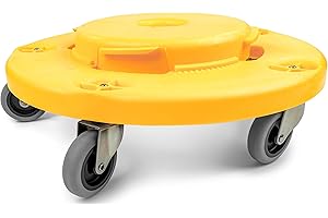 MaxWorks 50933 Round Trash Can High Visibility Yellow Dolly with 5 Swivel Casters 18 inch Dolly for 20 32 44 55 Gallon Containers Twist ON & Off Great for Shops Garages Car Detailing