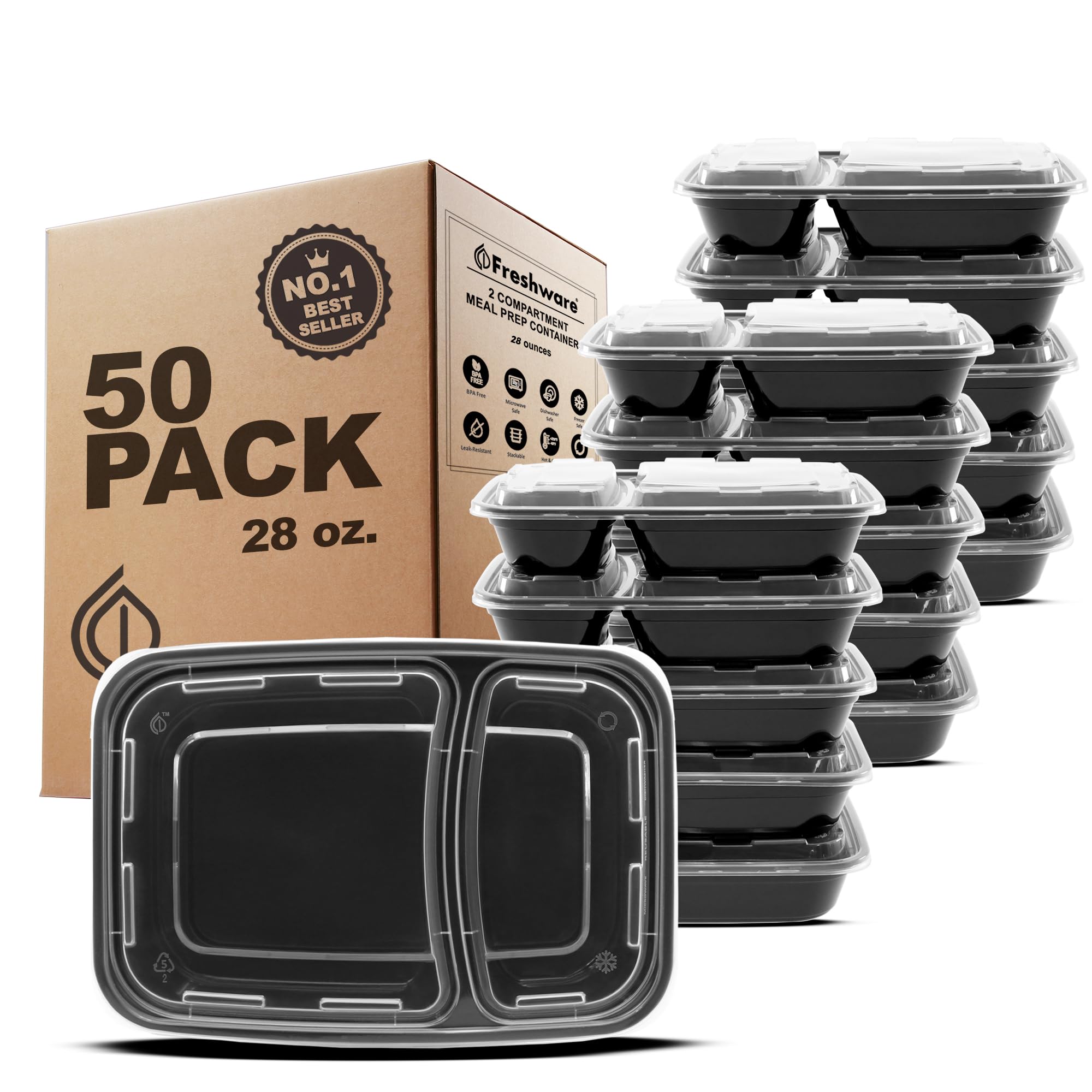 Photo 1 of Freshware Meal Prep Containers [50 Pack] 2 Compartment with Lids, Food Storage Containers, Bento Box, BPA Free, Stackable, Microwave/Dishwasher/Freezer Safe (28 oz)
