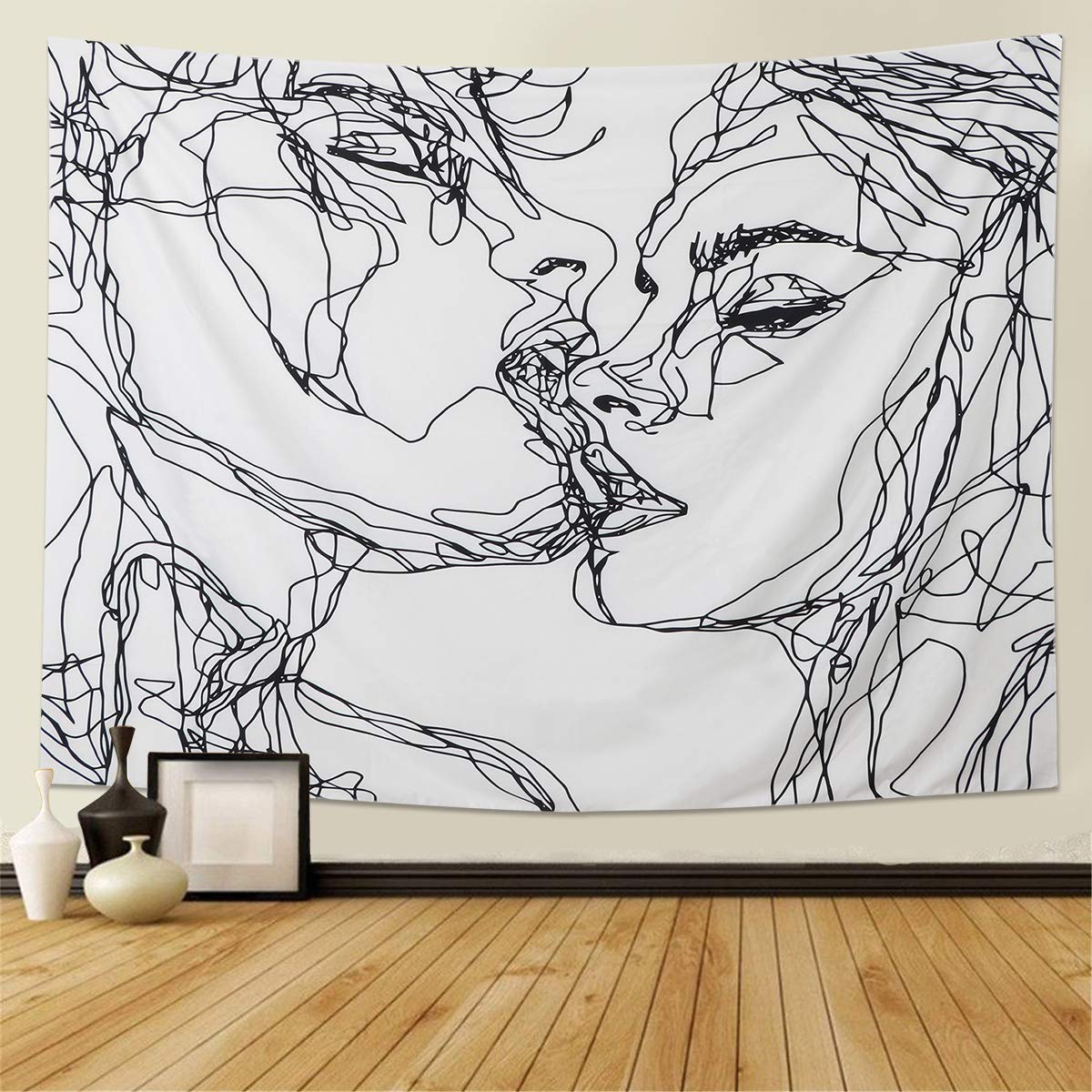 LOMOHOO Men Women Soulful Abstract Sketch Art Wall Hanging Tapestry Kissing Lovers Tapestry Bedroom Living Room Dorm Wall Tapestry(XL/175cmx230cm)