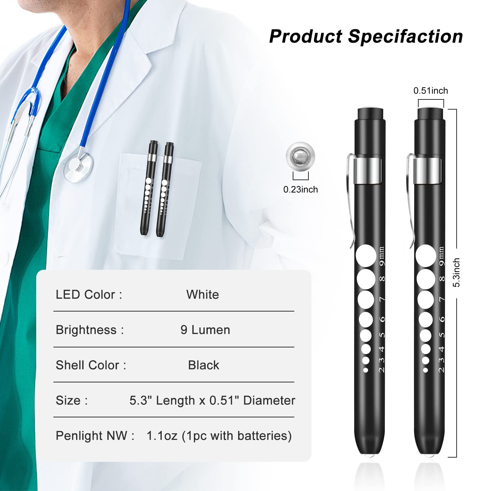 Opoway Nurse Penlight with Pupil Gauge LED Medical Pen Lights for Nursing Doctors Batteries Free, Black 2ct.