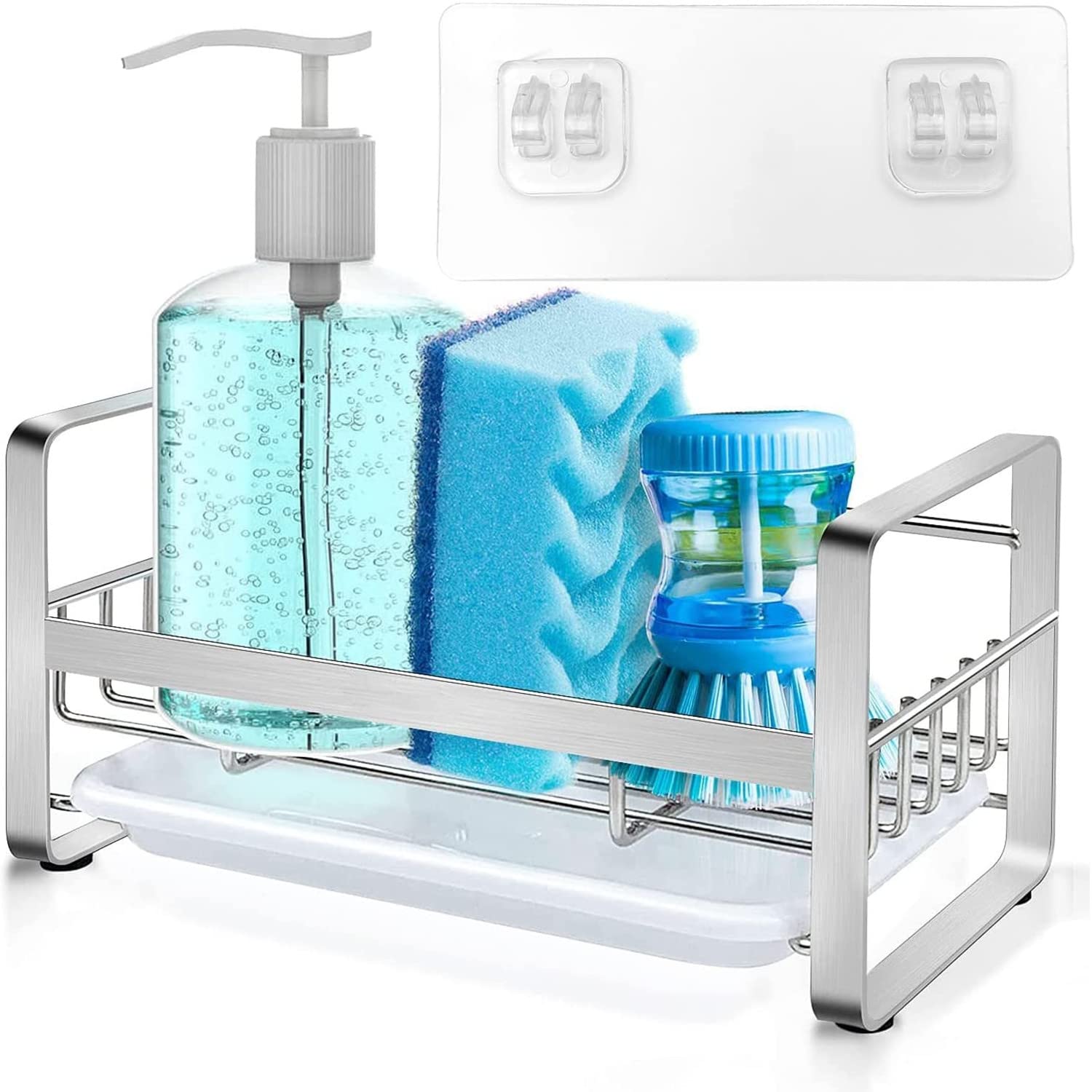 Wuudi Kitchen Organiser Sink with Removable Drain Tray, Stainless Steel Sponge Holder,Tidy Rack Sink Caddy