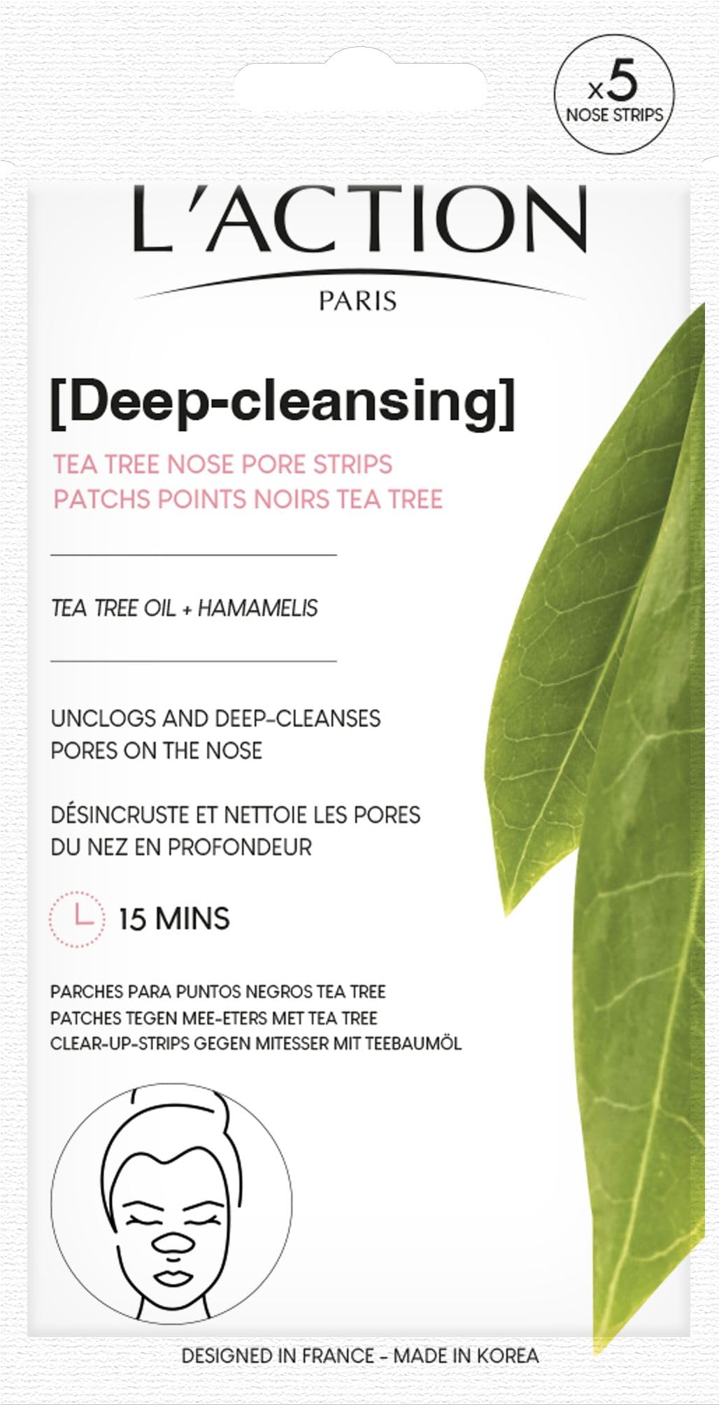 L'Action Paris Deep-Cleansing Tea Tree Nose Pore Strips, Enriched With Indian Lotus Flower Extracts, Unclogs & Deep Cleanses Pores on the Nose - 5 Pcs