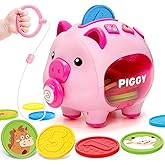 Musical Piggy Toys for 1 Year Old Girl Gift, Piggy Bank with Educational Number, Color, Animal Coin for Baby Interactive Toy 6-12-18 Month, Christmas 1st Birthday for 7 8 9 10 Month Old Girl Boy