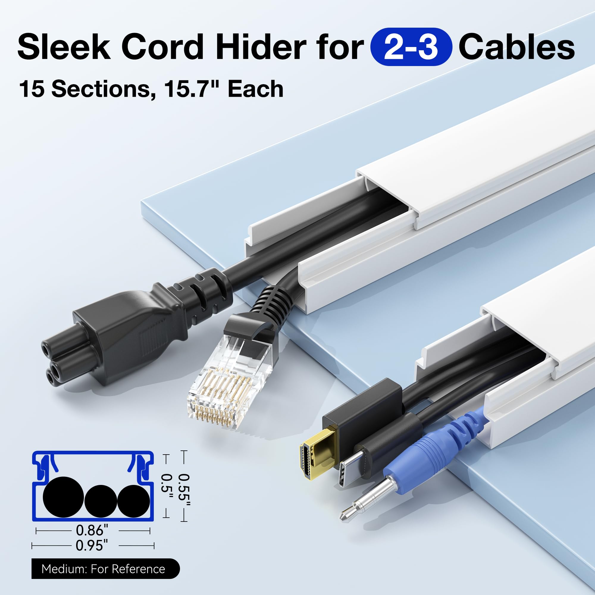 Delamu 254in Cord Hider, Cable Hider Cord Covers for Wires on Wall, Wire Hider Wire Covers for Cords on Wall, TV Cord Hider for Wall Mounted TV, Cable Management for 2-3 Wires, 15x L16.9 W0.95 H0.55in