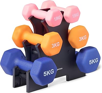 Amazon Basics Hantel-Set mit Neoprenbeschichtung, mit Hantelständer, 3 Stück (1.5 kg, 3 kg, 5 kg), Mehrfarbig