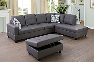 SIENWIEY Grey Leather Sectional Couch for Living Room Set,Sectional Sofa L Shape Couch with Storage Ottoman/Grey Faux Leather/Facing Right Chaise