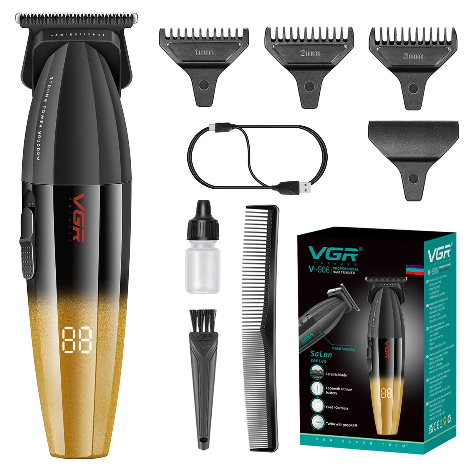 VGR 906 Fresh Fade Professional Hair Trimmer, 9000rpm Zero Gapped Beard Trimmer for Men, DLC T-Blade Cordless Hair Clipper for Barbers and USB Rechargeable, Gold