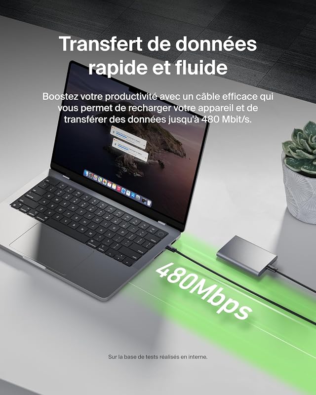 Pack de 2 Câbles USB-C vers USB-C avec gaine tressée (1,5 m, 240 W, doux au toucher, souple, recharge rapide, pour iPhone 17 et iPhone 16, Galaxy S25, Pixel 10, iPad Pro, etc., noir)