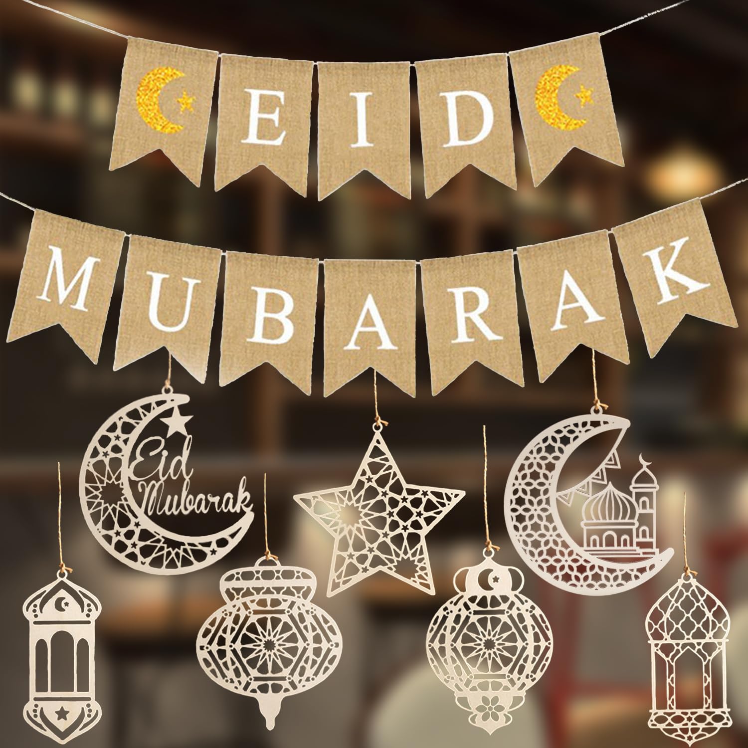 Eid Mubarak Banner With Wooden Pendant Moon Star Wind Light Decoration - 7PCS Ramadan Ornament for Home