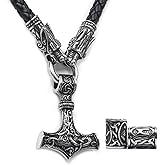 GUNGNEER Thor Hammer Pendant Viking Mjolnir Necklace for Men with Black Wolf Head Leather Chain, Stainless Steel, 2 Rune Beads Gift