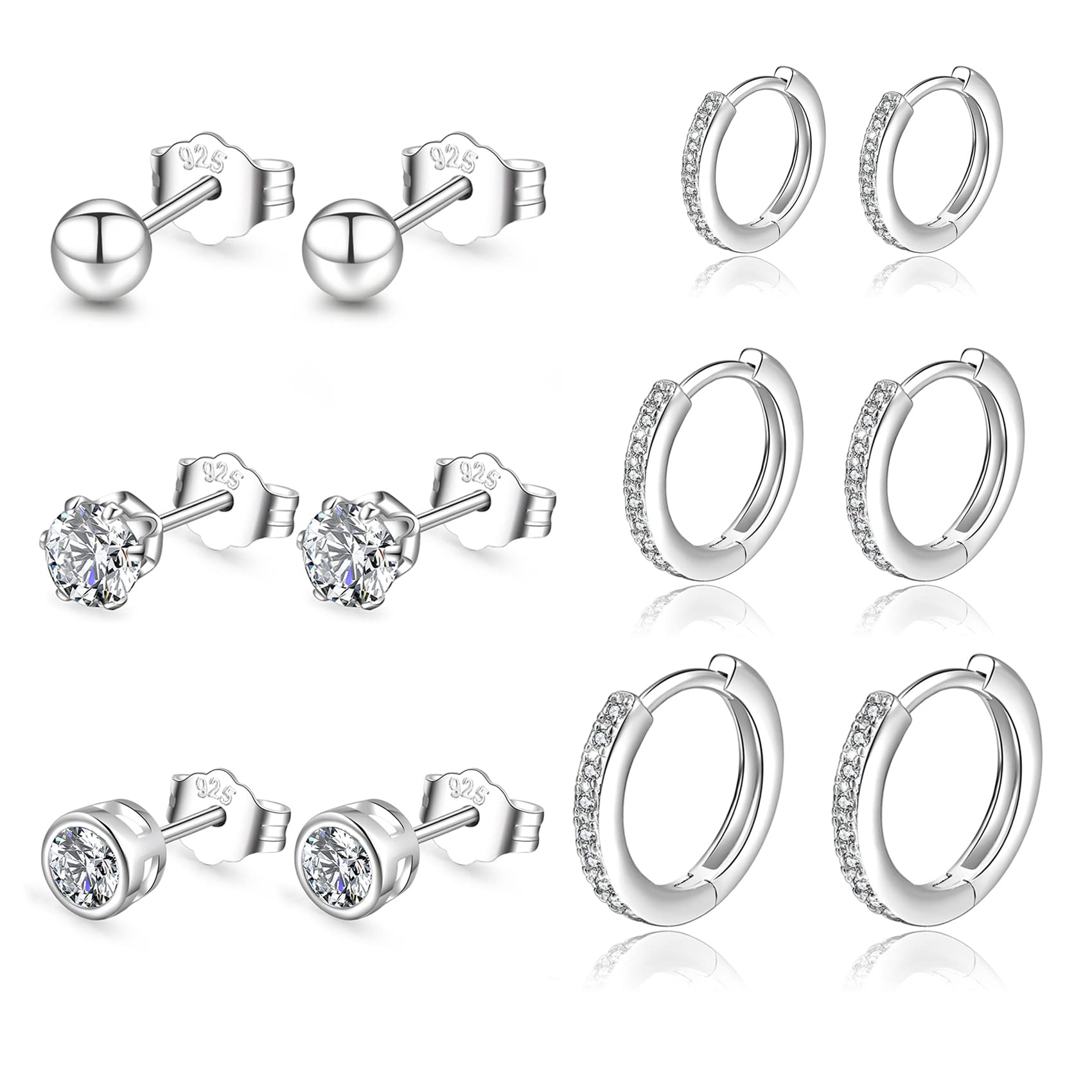 Silver Hoops Earrings for Women 925 Sterling Silver Hoop Earrings with Silver Stud Earring Set with Cubic Zirconia Unisex Sleeper Huggie Small Hoop Earring for Men Women(4mm*3+1 * 8/10/12mm) PABBEU