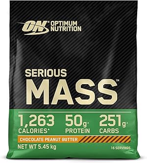 Optimum Nutrition Serious Mass hochkalorisches Proteinpulver für Masseaufbau mit 25 Vitaminen und Mineralien, Kreatin und Glutamin, Schoko-Erdnussbutter-Geschmack, 16 Portionen, 5,45 kg