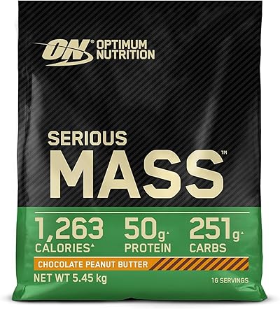 Optimum Nutrition Serious Mass hochkalorisches Proteinpulver für Masseaufbau mit 25 Vitaminen und Mineralien, Kreatin und Glutamin, Schoko-Erdnussbutter-Geschmack, 16 Portionen, 5,45 kg