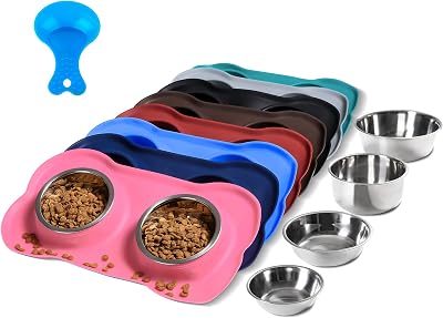 Hubulk Pet 2 Stainless Steel Bowls with No Spill Silicone Mat Pink S