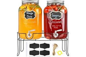 Accguan 2-Gallon Drink Dispenser,Glass Water Dispenser with Silver Lid and Stainless steel faucet,Black Iron Frame,Mason Drink Dispenser for Parties, Picnics, Barbecues and Daily,2 pack