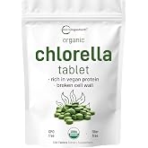 Organic Chlorella Tablets, 500mg Per Tablet, 720 Tabs (360 Grams), 4 Months Supply, Broken Cell Wall, Rich in Vegan Protein &amp; Vitamins, No Filler, No Additives &amp; Non-GMO | Pure Green Algae Superfood