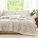 CozyLux Full Size Comforter Sets Beige, 7 Pieces Soft Pinch Pleat Bed in a Bag Full Comforter Set with Sheets, Boho Bed Set with Down Alternative Comforter, Sheets, Pillowcases & Shams