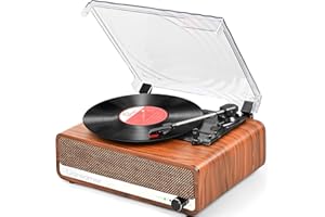 UDREAMER Vinyl Record Player with Speakers,3 Speed Turntable with Latest Bluetooth 5.3, Aux Input, Headphone Jack, RCA Output and Auto Stop, Mirror Vintage Wooden Brown